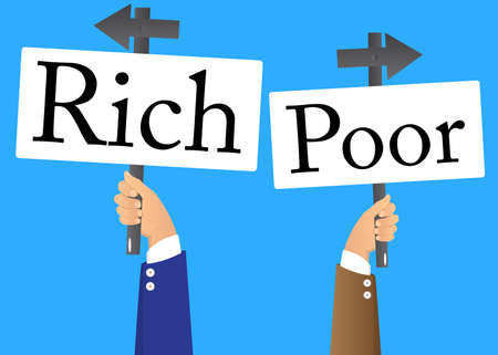 Hands holding up banners with Poor or Rich words with arrows. Man showing billboard banner, sign.のイラスト素材