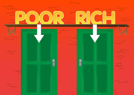 Poor or Rich words with arrows with front door background. Bar, Cafe or drink establishment front with poster.のイラスト素材