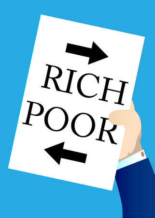 Hand holding banner with Poor or Rich words with arrows on white paper. Man showing billboard.のイラスト素材