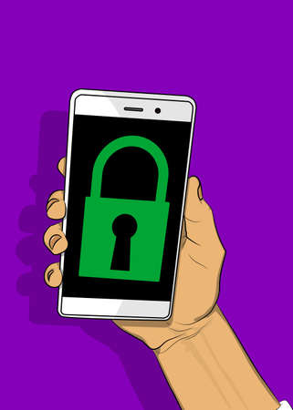 Padlock icon on Smartphone screen. Cartoon vector illustrated mobile phone.のイラスト素材