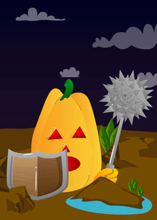 Decorative pumpkin for Halloween holding a spiked mace and shield as a cartoon character with face. Vector Illustration.のイラスト素材