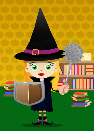 Kid dressed for Halloween holding a spiked mace and shield. Vector cartoon character illustration of kids ready to Trick or Treat.のイラスト素材
