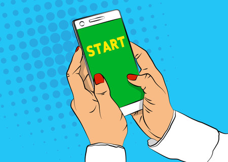 Start text on Smartphone screen. Cartoon vector illustrated mobile phone.のイラスト素材