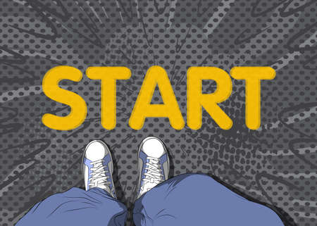 Comic book illustrated vector image of legs in boots on Start word. Feet shoes walking.