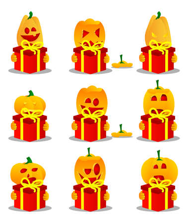 Decorative pumpkin for Halloween holding big gift box as a cartoon character with face. Vector Illustration.のイラスト素材