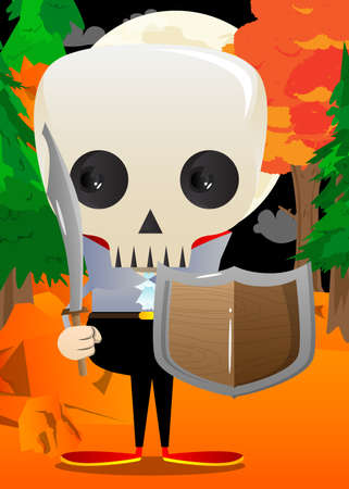 Kid dressed for Halloween holding a sword and shield. Vector cartoon character illustration of kids ready to Trick or Treat.Kid dressed for Halloween holding a sword and shield. Vのイラスト素材