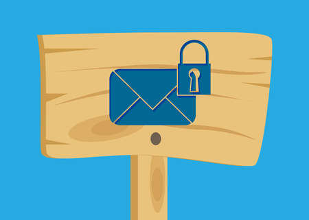 Sending encrypted E-Mail protection blue secure mail internet symbol on Wooden sign. Cartoon vector...