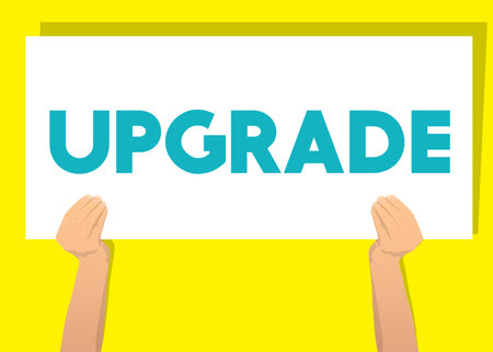 Hand holding banner with Upgrade text, upgrading software program concept on white paper. Man showing billboard.のイラスト素材