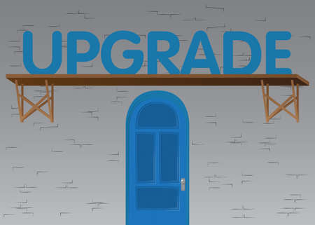 Upgrade text, upgrading software program concept with front door background. Store, Market or factory front with huge word.のイラスト素材