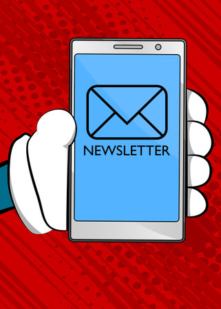 Newsletter text and symbol on Smartphone screen. Business marketing campaign. Internet Mailing. Cartoon vector illustrated mobile phone.のイラスト素材