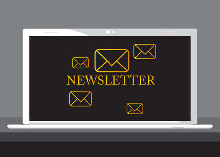 Laptop with the word Newsletter text and symbol on the screen. Business marketing campaign. Internet Mailing. Vector cartoon illustration.のイラスト素材