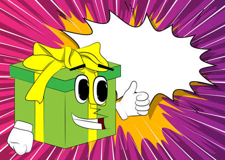 Gift Box with making thumbs up sign as a cartoon character. Holiday, Celebration surprise with happy face emotion.のイラスト素材