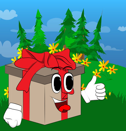 Gift Box with making thumbs up sign as a cartoon character. Holiday, Celebration surprise with happy face emotion.のイラスト素材