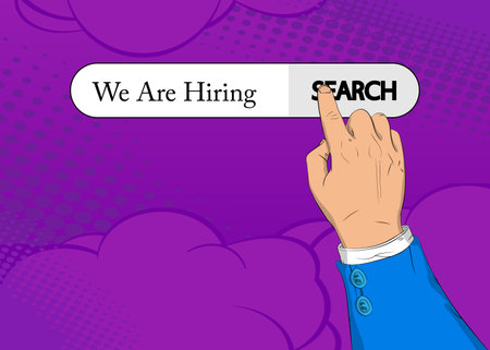 Virtual search bar with the text We are hiring. Businessman pushing his right hand index finger to touch a search icon. Business, Job opportunity concept.のイラスト素材