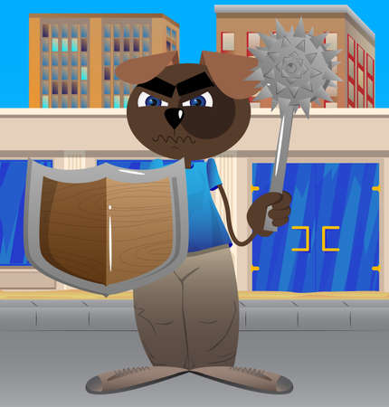 Funny cartoon dog holding a spiked mace and shield. Vector illustration.のイラスト素材
