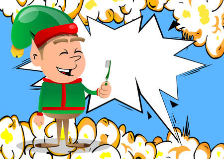 Christmas Elf holding toothbrush. Vector cartoon character illustration of Santa Claus's little worker, helper.のイラスト素材
