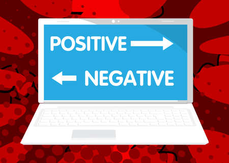 Laptop with the words Negative, positive on the screen. Vector cartoon illustration. Good bad thoughts, attitude business concept.のイラスト素材