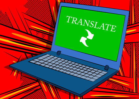 Laptop with the word Translate on the screen. Vector cartoon illustration. Translation, translator, learning foreign language concept.のイラスト素材