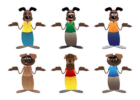 Funny cartoon dog shrugs shoulders expressing don't know gesture. Vector illustration.のイラスト素材