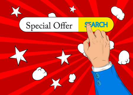 Virtual search bar with the text Special offer. Businessman pushing his right hand index finger to touch a search icon. Sale, shopping, shop retail business concept.のイラスト素材