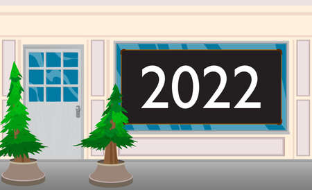 Number 2022 with front door background. Store, Restaurant or drink establishment front with poster. Future business career, New Year goals, goal concept.のイラスト素材
