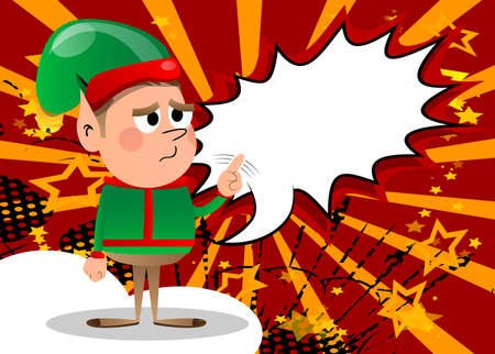 Christmas Elf saying no with his finger. Vector cartoon character illustration of Santa Claus's little worker, helper.のイラスト素材