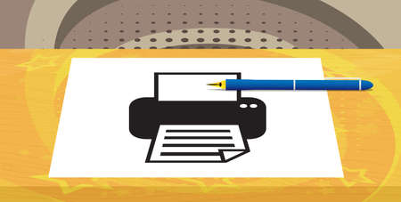 Printer icon on white paper with pen. Cartoon vector illustration. Print, Printing business concept.