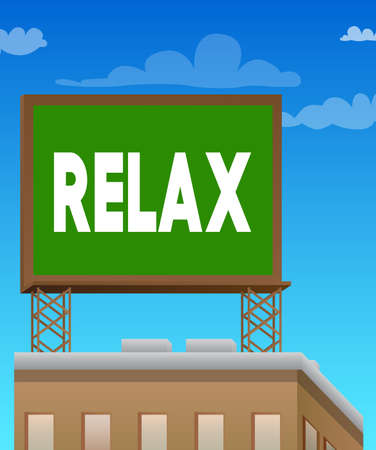Relax text on a billboard sign atop a brick building. Outdoor advertising in the city. Large banner on roof top of a brick architecture.のイラスト素材