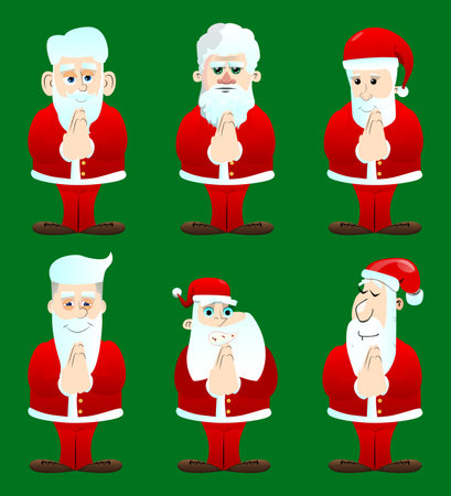 Santa Claus in his red clothes with white beard with praying hands. Vector cartoon character illustration.のイラスト素材