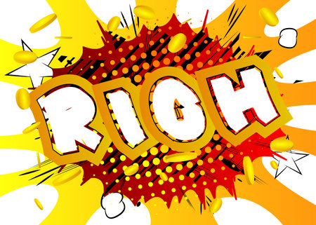 Rich. Comic book word text on abstract comics background. Retro pop art style illustration.のイラスト素材