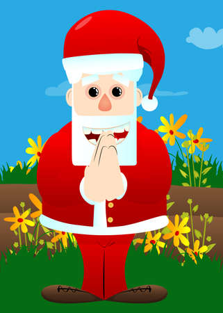 Santa Claus in his red clothes with white beard with praying hands. Vector cartoon character illustration.のイラスト素材