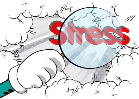Stress text under magnifying glass illustration on comic book background.のイラスト素材