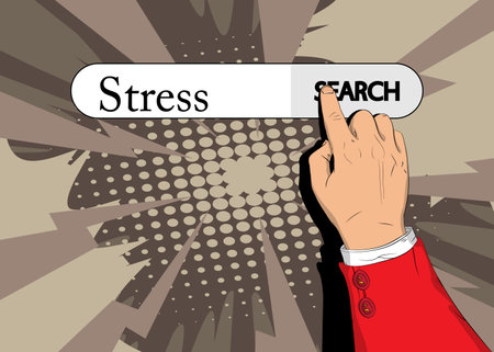 Virtual search bar with the text Stress. Businessman pushing his right hand index finger to touch a search icon.Virtual search bar with the text Stress. Businessman pushing his right hand index finger to touch a search icon.のイラスト素材