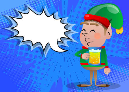 Christmas Elf drinking beer. Vector cartoon character illustration of Santa Claus's little worker, helper.のイラスト素材