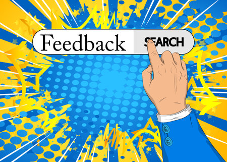 Virtual search bar with the text Feedback. Businessman pushing his right hand index finger to touch a search icon.のイラスト素材