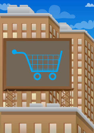 E-commerce icon, Shopping symbol on a billboard sign atop a building. Outdoor advertising in the city. Large banner on roof top of a brick architecture.のイラスト素材