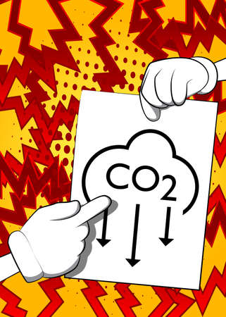 Hand holding banner with CO2 emission sign, Carbon dioxide icon on white paper. Man showing billboard.のイラスト素材