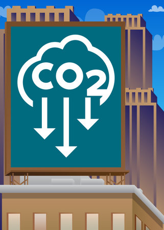 CO2 emission sign, Carbon dioxide icon on a billboard atop a building. Outdoor advertising in the city. Large banner on roof top of a brick architecture.のイラスト素材
