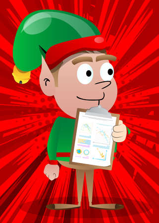 Christmas Elf shows finance report. Vector cartoon character illustration of Santa Claus's little worker, helper.のイラスト素材