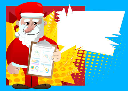 Santa Claus in his red clothes with white beard shows finance report. Vector cartoon character illustration.のイラスト素材