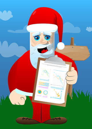 Santa Claus in his red clothes with white beard shows finance report. Vector cartoon character illustration.のイラスト素材