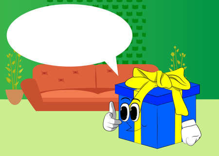 Gift Box with pointing at the viewer with his hand as a cartoon character. Holiday, Celebration surprise with happy face emotion.のイラスト素材