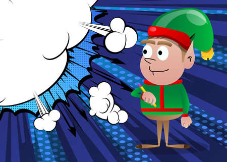 Christmas Elf writing with pencil. Vector cartoon character illustration of Santa Claus's little worker, helper.のイラスト素材