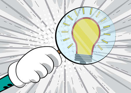 Light Bulb icon under magnifying glass illustration on comic book background. Ideas, idea, success, growth, creativity concept.のイラスト素材