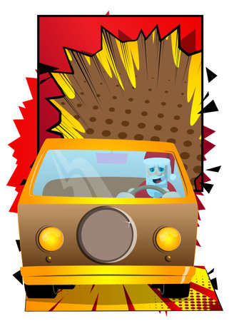 Santa Claus in his red clothes with white beard driving, holding a steering wheel. Vector cartoon character illustration.のイラスト素材