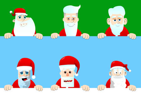 Santa Claus in his red clothes with white beard holding blank empty sign. Vector cartoon character illustration.のイラスト素材