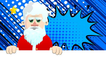 Santa Claus in his red clothes with white beard holding blank empty sign. Vector cartoon character illustration.のイラスト素材