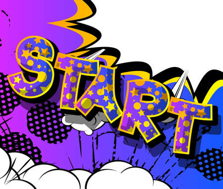 Start. Comic book word text on abstract comics background. Retro pop art style illustration.のイラスト素材