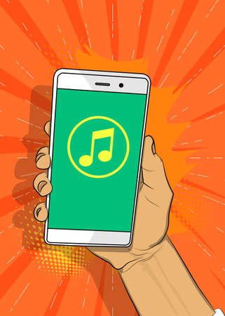 Music Note icon on Smartphone screen. Cartoon vector illustrated mobile phone. Listening to music concept.のイラスト素材