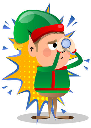 Christmas Elf holding binoculars in his hands. Vector cartoon character illustration of Santa Claus's little worker, helper.のイラスト素材